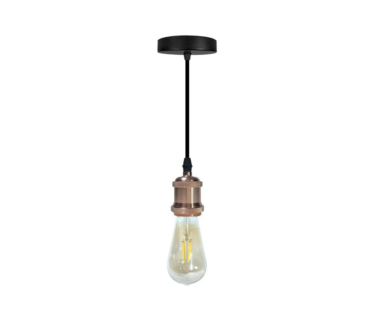 Portalámpara colgante vintage cobre con bombillo Edison LED, base negra.