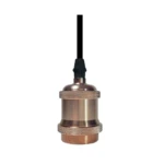 Portalámpara colgante de cobre vintage con cable negro y rosca para bombilla Edison.