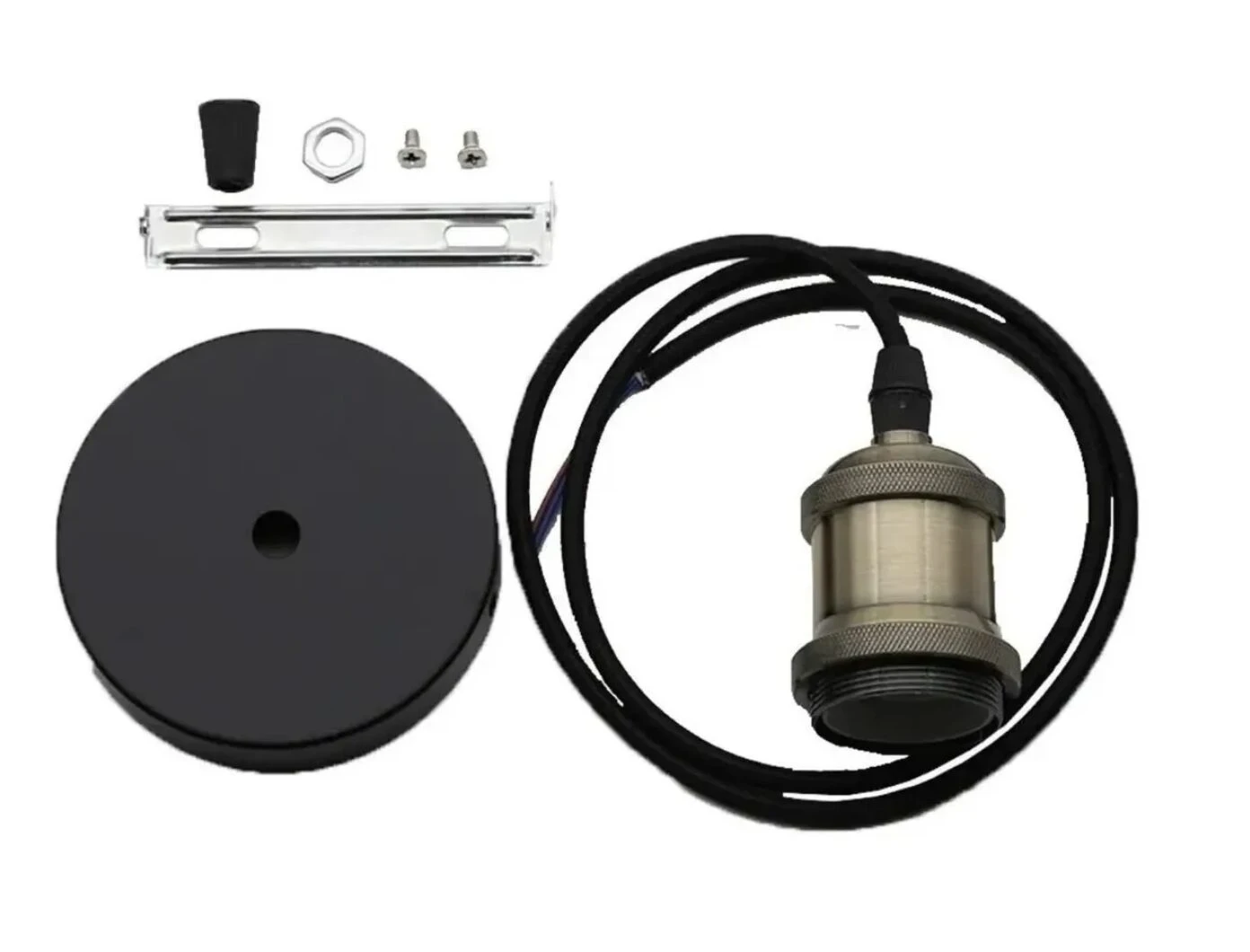 Portalámpara colgante estilo vintage, color bronce, con base negra y accesorios de montaje.