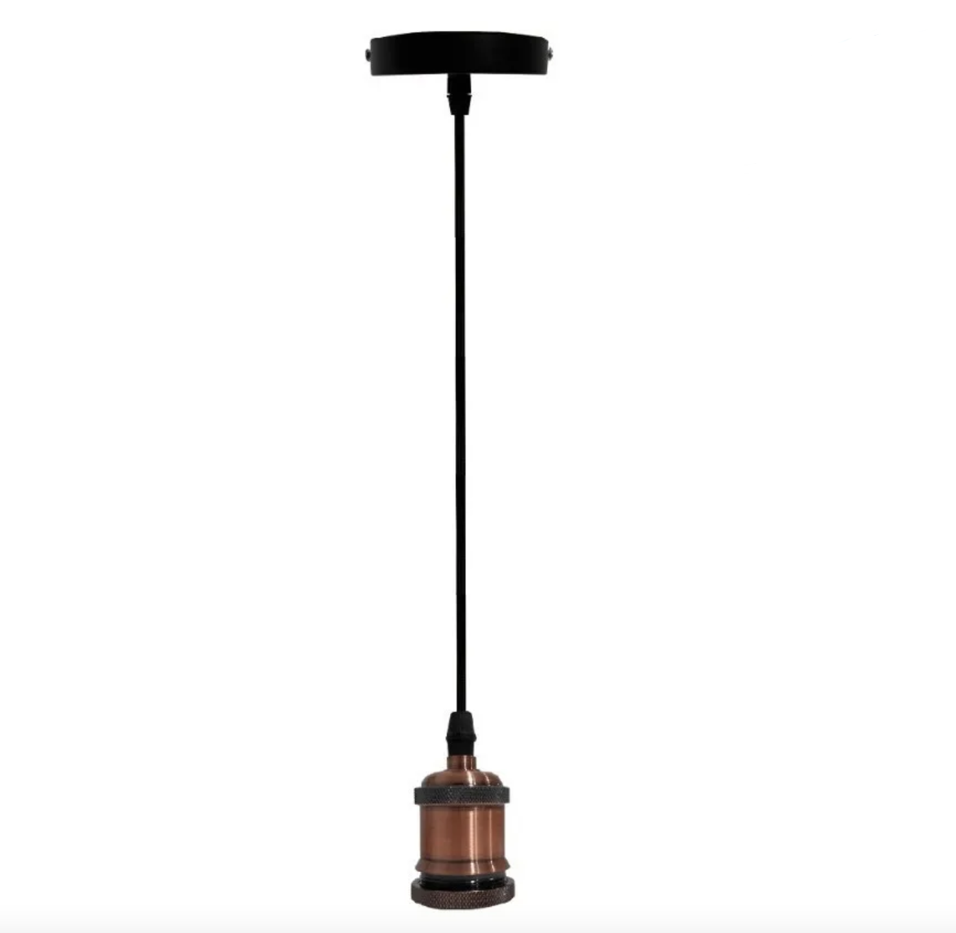 Portalámpara colgante vintage cobre con cable negro y base techo negra.
