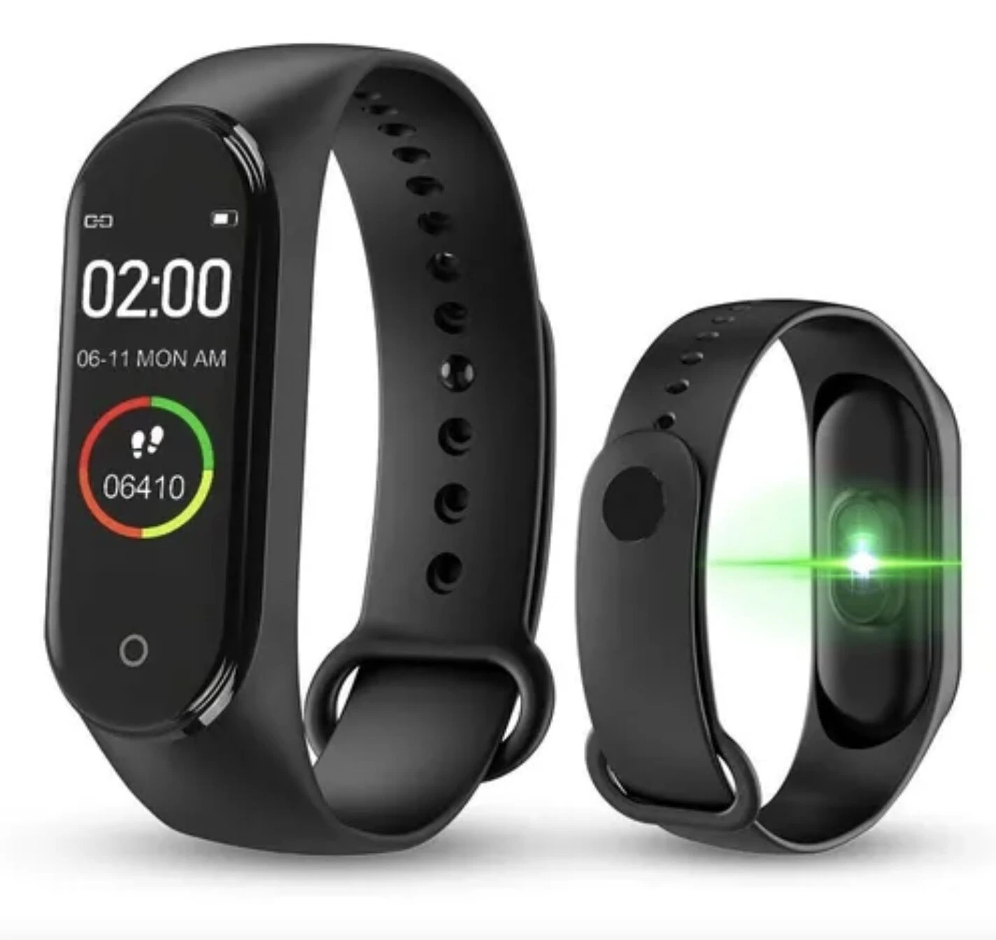 Reloj inteligente deportivo negro con pantalla de hora, fecha y pulsómetro, junto a otro smartwatch con sensor verde.