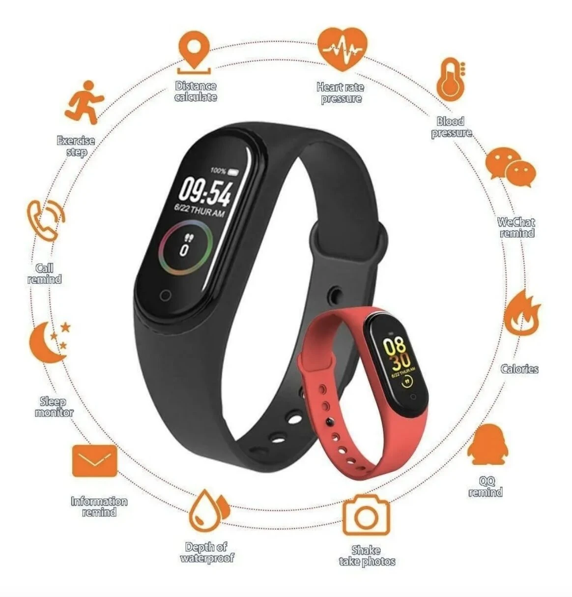 Reloj inteligente negro y brazalete rojo, muestra hora, pasos y monitor de salud.