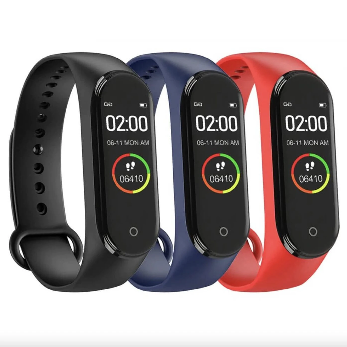 Relojes inteligentes en negro, azul y rojo, mostrando hora 02:00, fecha y pasos.