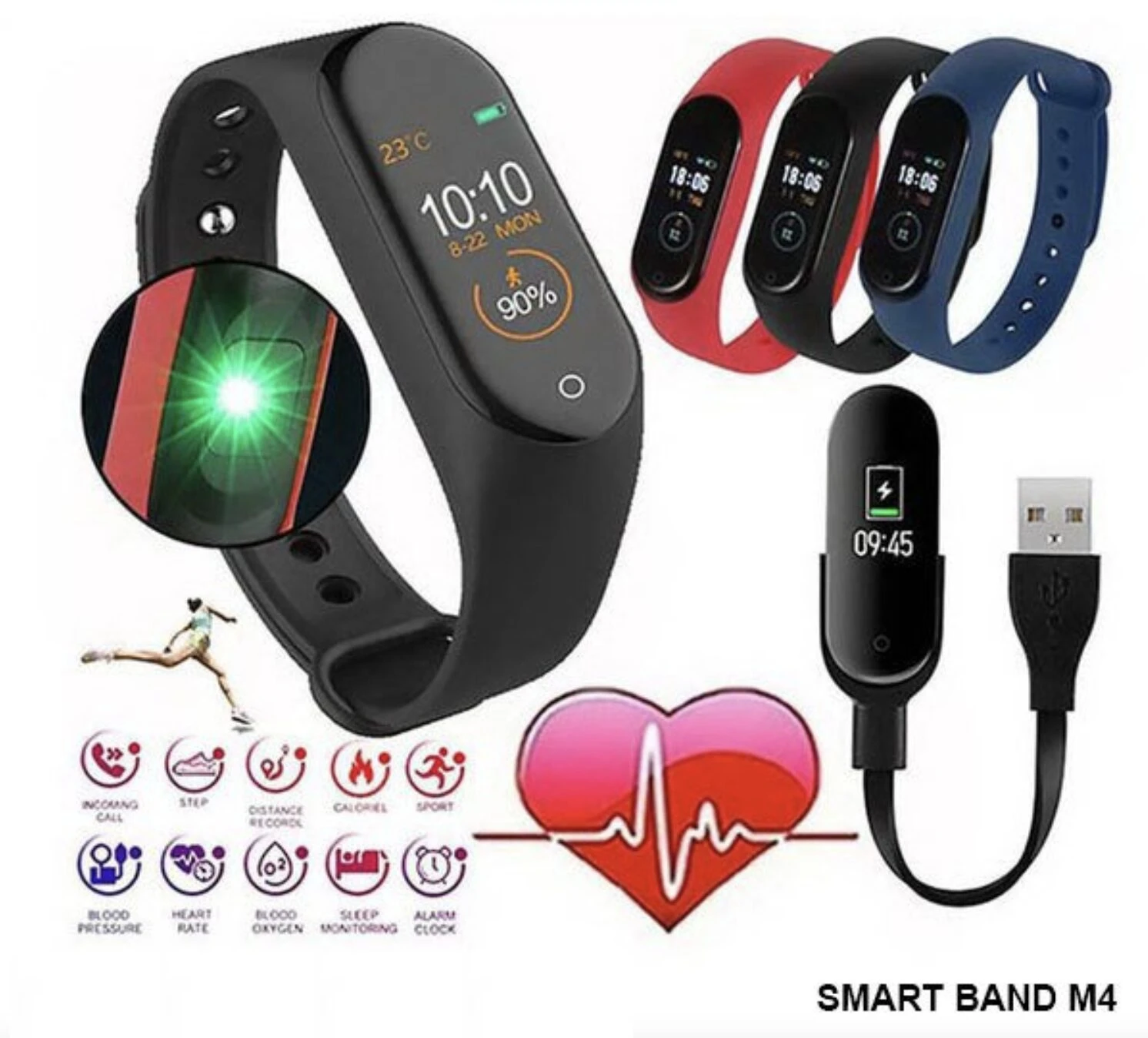 Smartwatch M4 negro con pantalla digital, tres bandas de colores y accesorios de carga, ideal para monitorear salud.