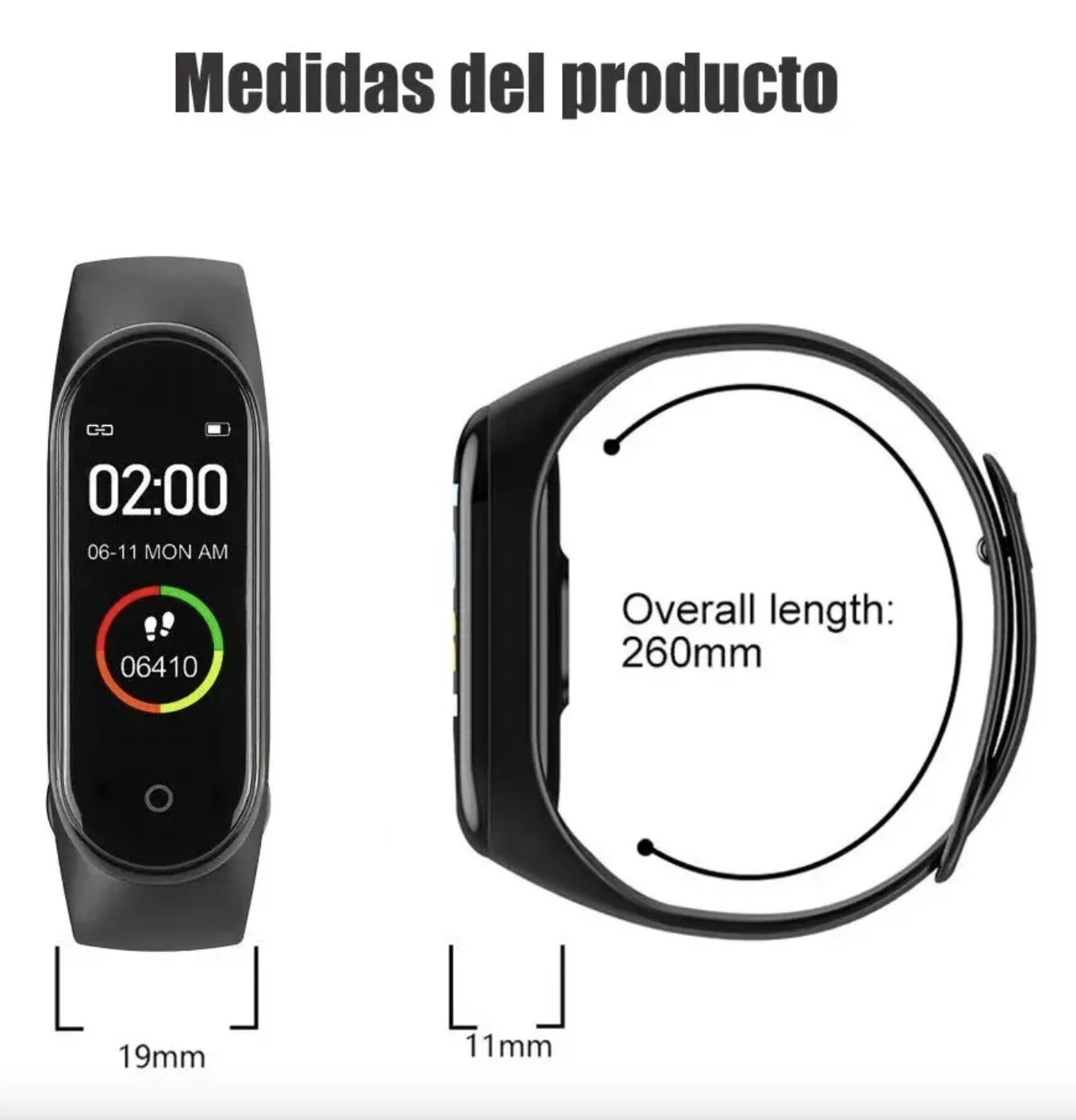 Reloj inteligente negro muestra hora, fecha y ritmo cardíaco. Mide 260mm de largo, 19mm y 11mm de ancho.