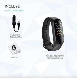 Reloj inteligente negro M4 con cable USB y manual, muestra hora, fecha y pasos.