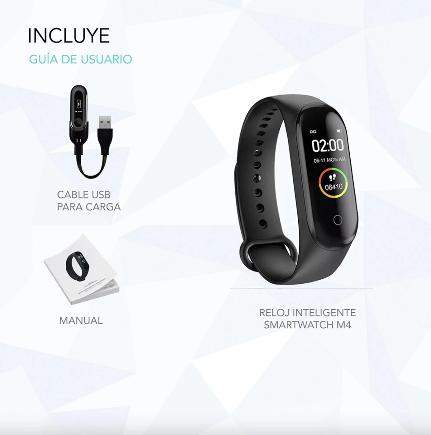 Reloj inteligente negro M4 con cable USB y manual, muestra hora, fecha y pasos.