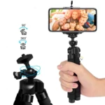 Trípode flexible negro GTR1 con rótula giratoria 90° y 360° para celulares, ideal para selfies grupales y tomas estables.