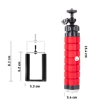 Trípode flexible rojo para celular, 18.4 cm de alto, 3.4 cm de ancho, con soporte ajustable de 8.2 cm de alto x 5.2 cm de ancho.