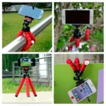 Trípode flexible rojo para celular, patas adaptables, ideal para superficies irregulares y fijación en árboles.