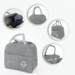 Maleta lonchera térmica gris con asas, bolsillo frontal y detalles de panda. Ideal para viajes.