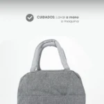 Maleta lonchera térmica portátil gris con asas tejidas. Instrucciones de cuidado: lavar a mano o máquina.