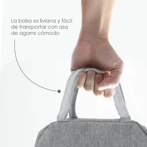 Maleta lonchera térmica gris, con asa de agarre cómoda, ideal para transportar alimentos.