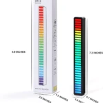Barra de luz LED rítmica de 7.2 pulgadas con gradiente de color y control por voz, caja de 8.9 pulgadas con dimensiones.