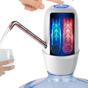 Dispensador de agua eléctrico blanco para botellón, bombea agua fría y caliente, con luz azul y roja.