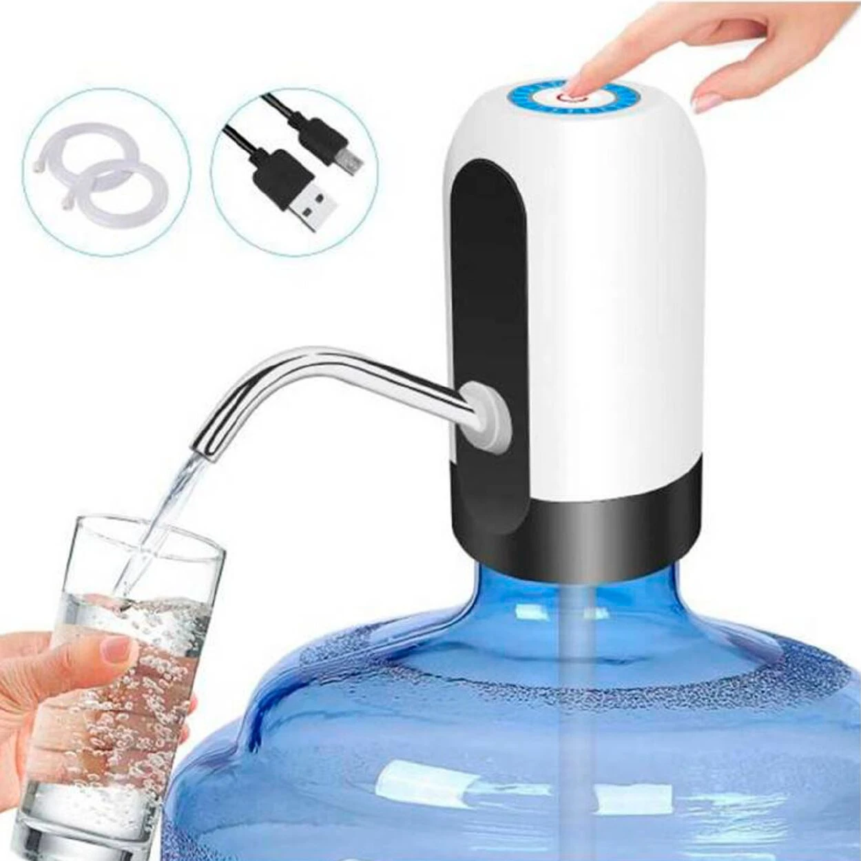 Dispensador de agua eléctrico blanco para botellón, bombeando agua a un vaso.