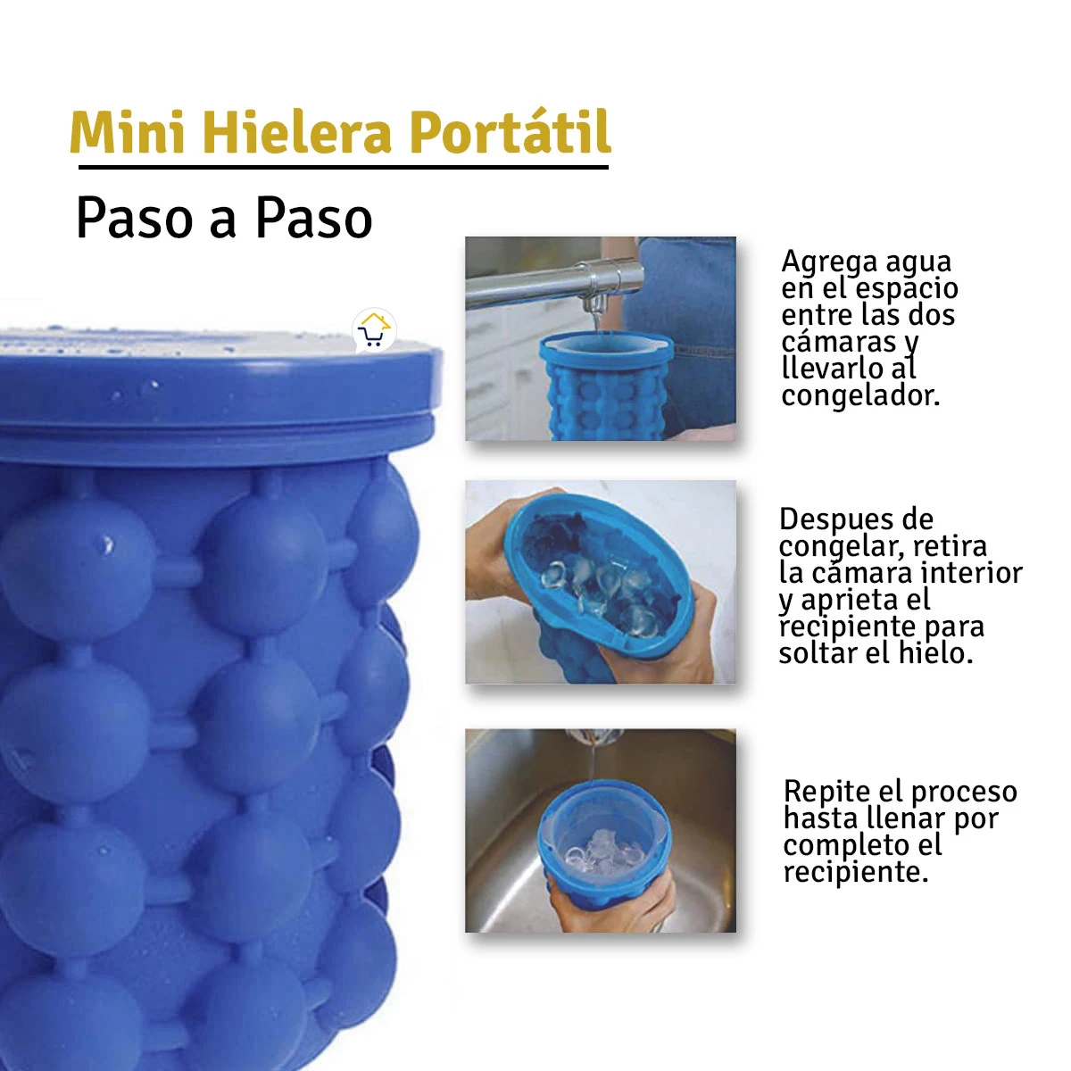 Mini hielera portátil azul de silicona flexible para hacer cubos de hielo, mostrando uso en cocina.
