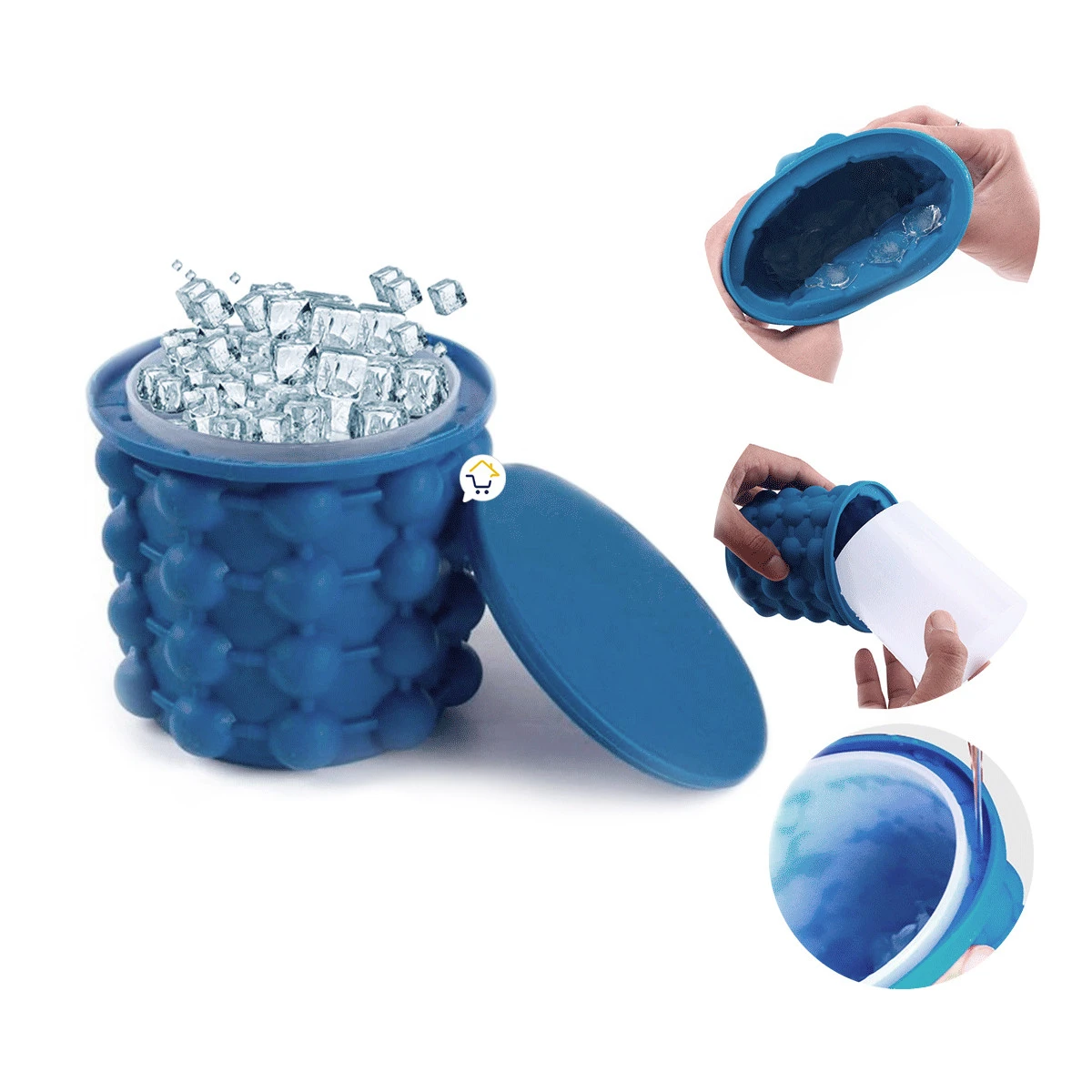 Mini hielera azul de silicona flexible con hielo dentro y tapa.