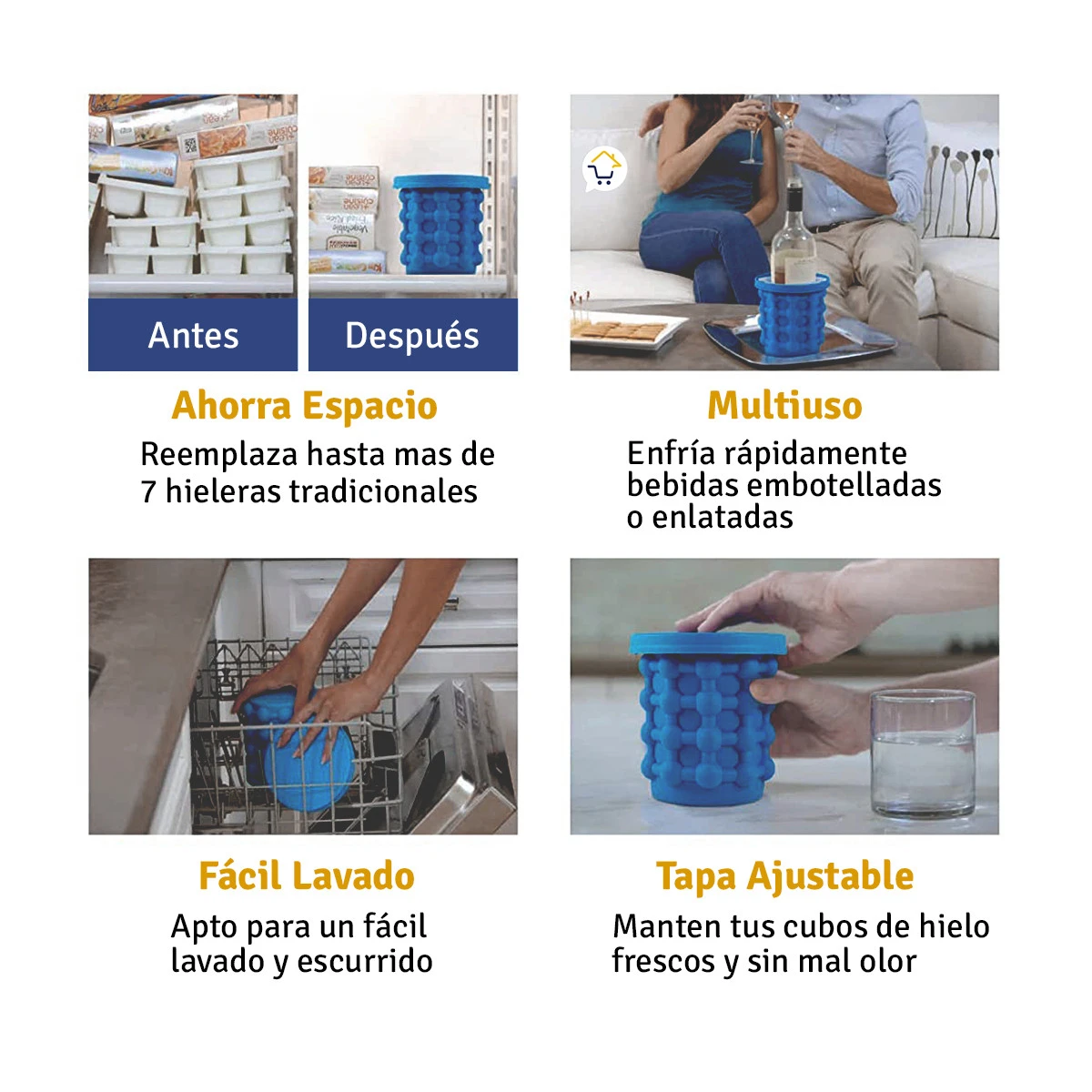 Mini hielera portátil de silicona azul para mantener bebidas frías, ahorra espacio, fácil lavado y con tapa ajustable.