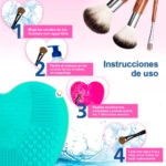 Limpiador de brochas de maquillaje LP-02, instructivo visual con 4 pasos para limpieza profunda y secado.