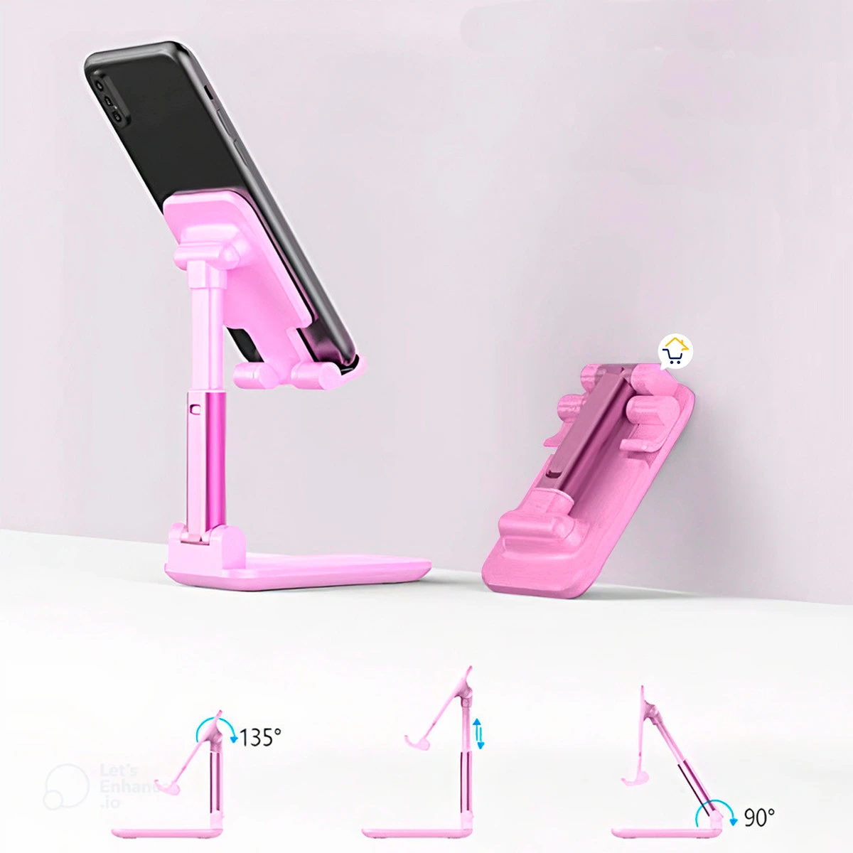 Soporte celular plegable rosado, ajustable 135° y 90°, ideal para escritorio.