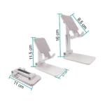 Set x2 soportes de celular portátiles blancos, uno plegado (11cm) y dos desplegados (16cm altura), con medidas visibles.