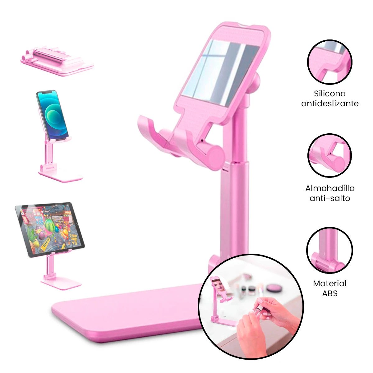 Soporte para celular y tablet rosa plegable de ABS, ajustable, ideal para viajes y uso doméstico.