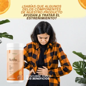 Nutracol Fibra Natural Colon 450gr en envase, con niña sujetando su abdomen, al lado de naranjas y plantas.