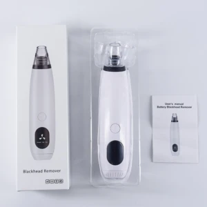 Removedor de espinillas blanco a pilas en caja, empaque plástico y manual de usuario.