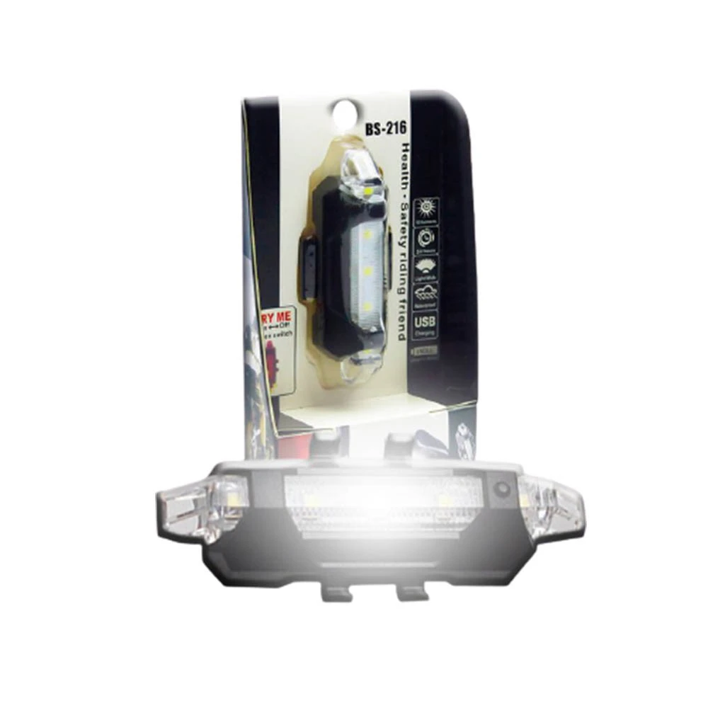 Luz LED blanca recargable e impermeable para bicicleta, modelo BS-216, en empaque.