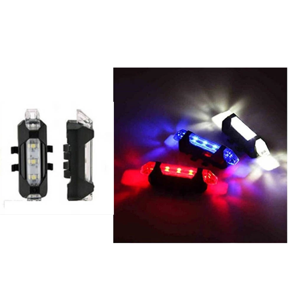 Luces LED recargables e impermeables para bicicleta, rojas, azules y blancas, vista frontal y lateral.