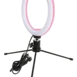 Anillo de luz LED rosa y blanco de 16cm con trípode negro para selfies y videos.