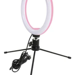 Anillo de luz LED rosa y blanco de 16cm con trípode negro para selfies y videos.