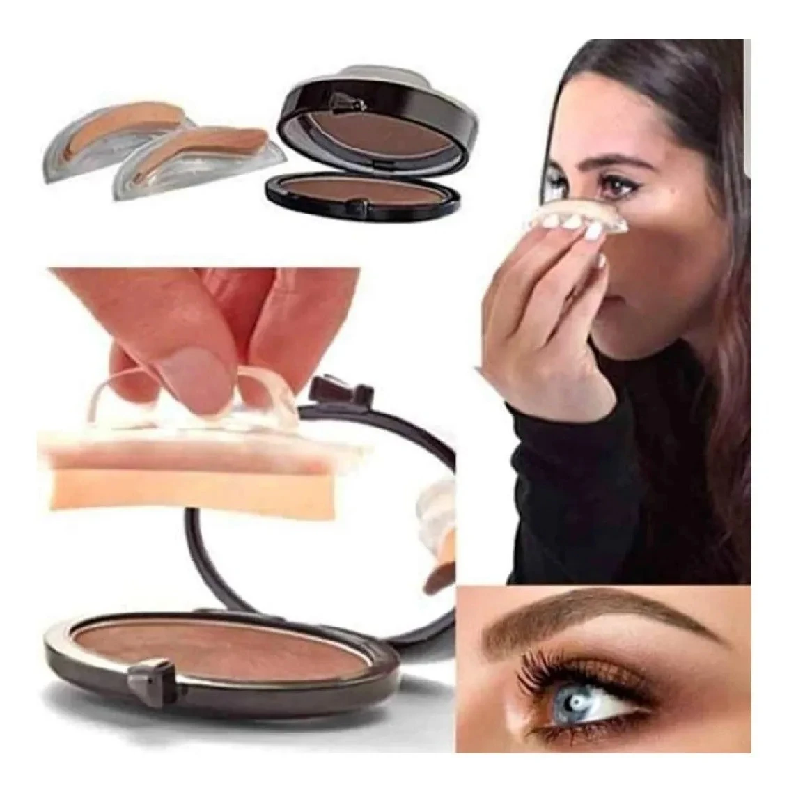 Sello para cejas 3 segundos, contorno de ojos y polvo compacto marrón.