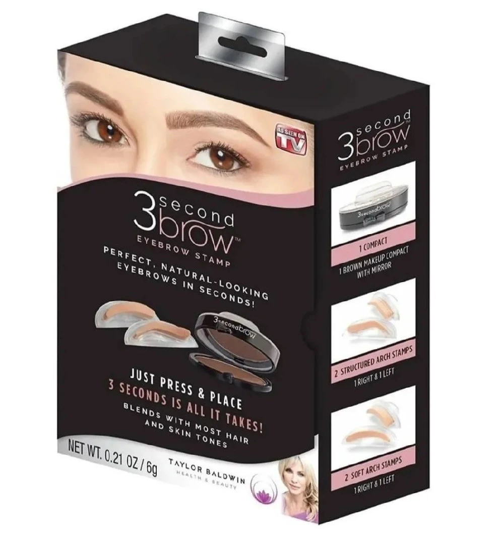 Caja de Sello para Cejas 3 Second Brow con compacto marrón, 2 sellos de arco estructurado y 2 sellos de arco suave.