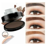 Sello para cejas en polvo café oscuro, con aplicador y plantilla para diseño de cejas, ideal para aplicación rápida.