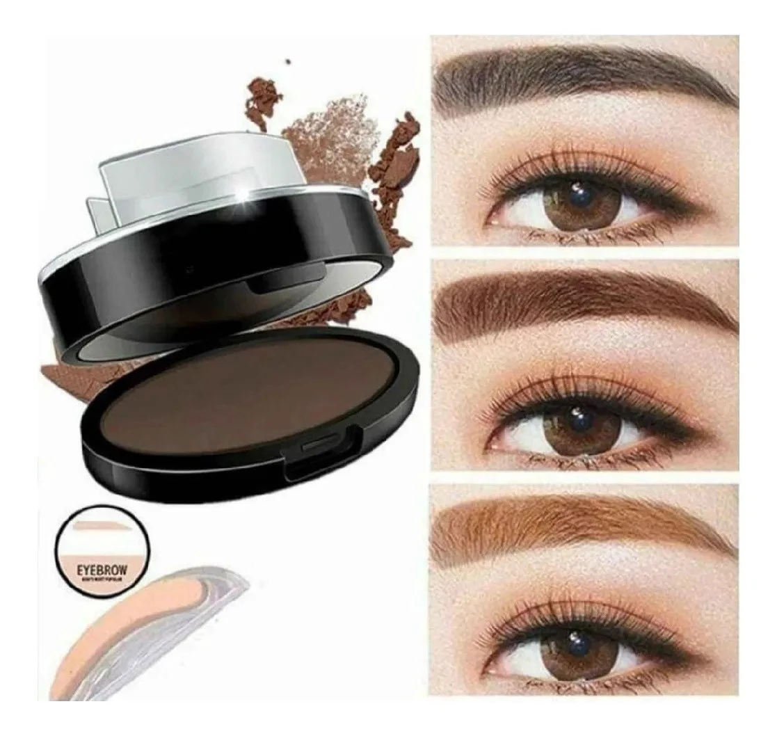 Sello para cejas en polvo café oscuro, con aplicador y plantilla para diseño de cejas, ideal para aplicación rápida.