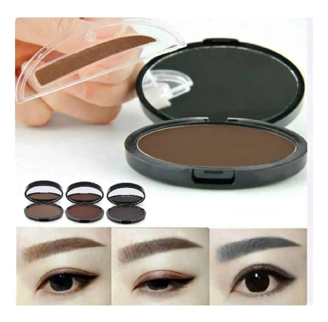 Sello para cejas con polvo marrón en estuche compacto, incluye plantillas para cejas. Muestra resultados en tres tonos.