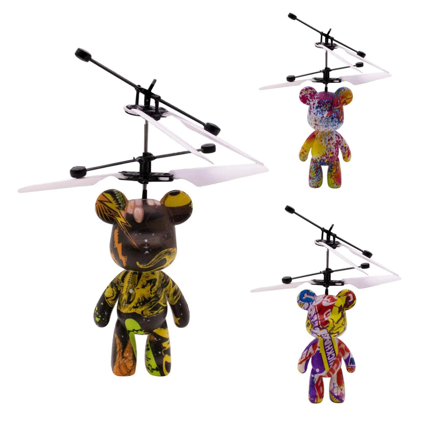 Spinner volador temático de oso con diseño de salpicaduras de pintura multicolor y estampado tipo graffiti.