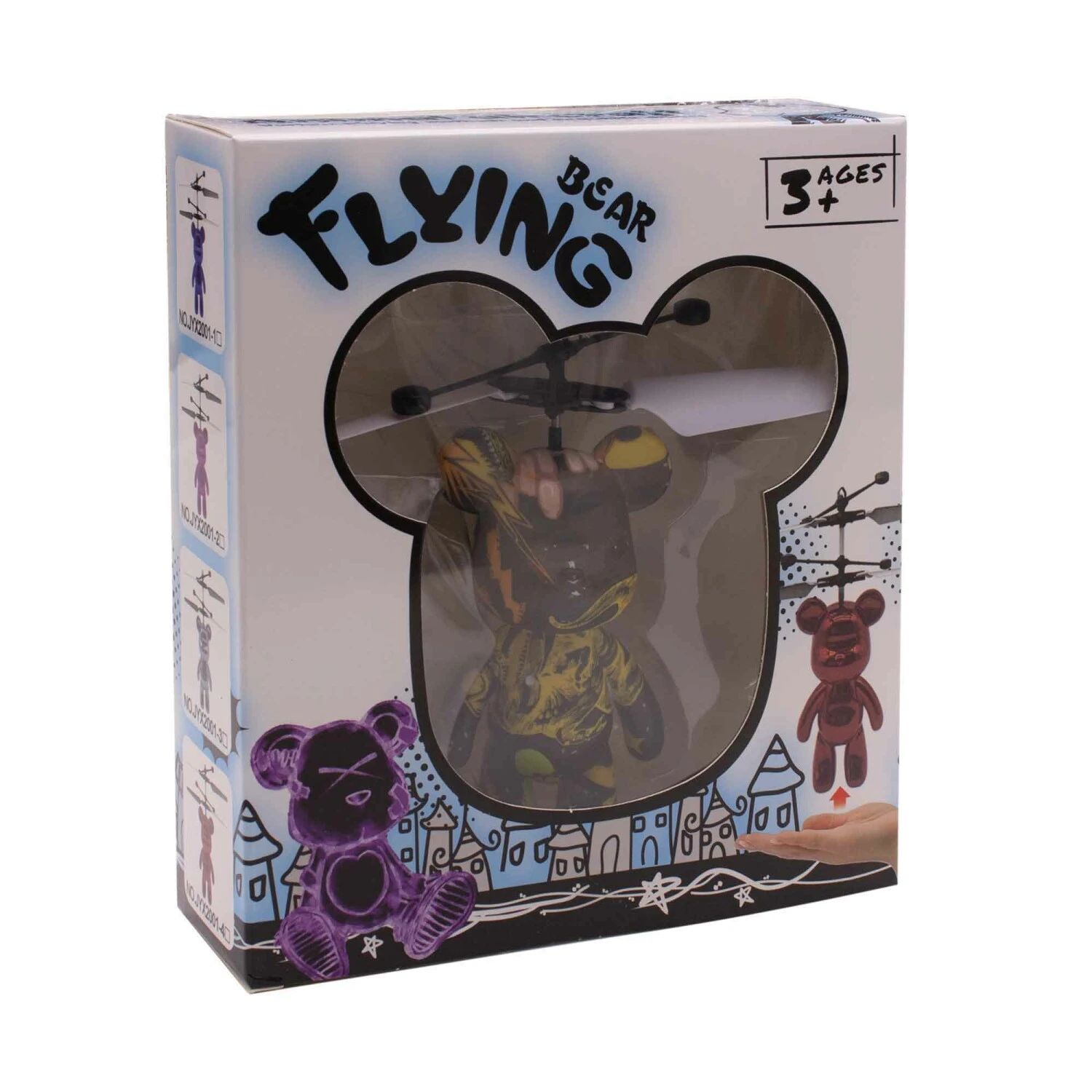 Spinner volador de osos en empaque, drone con forma de oso amarillo y negro, para mayores de 3 años.