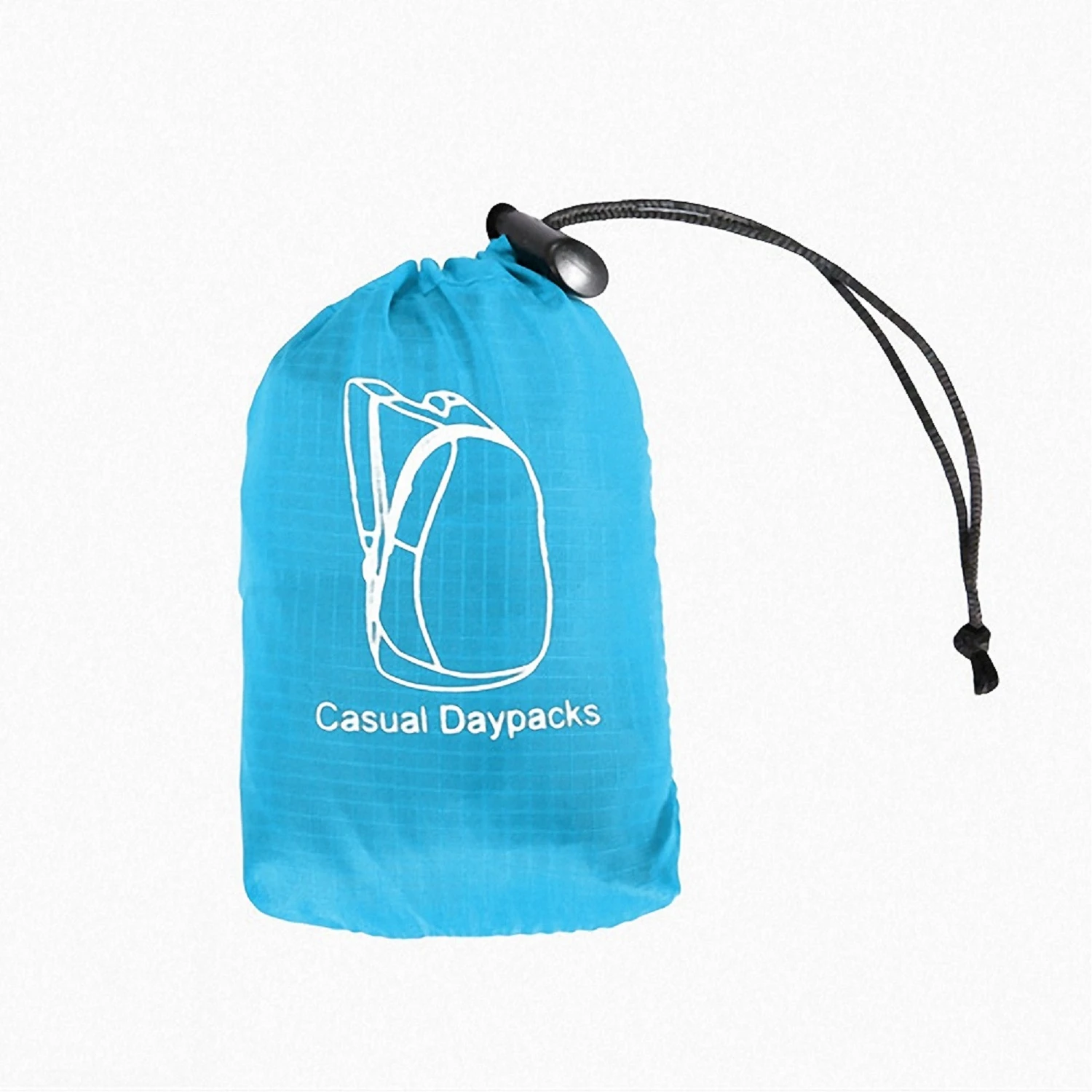 Mochila plegable azul con cordón y estampado de daypack, ideal para viajes.