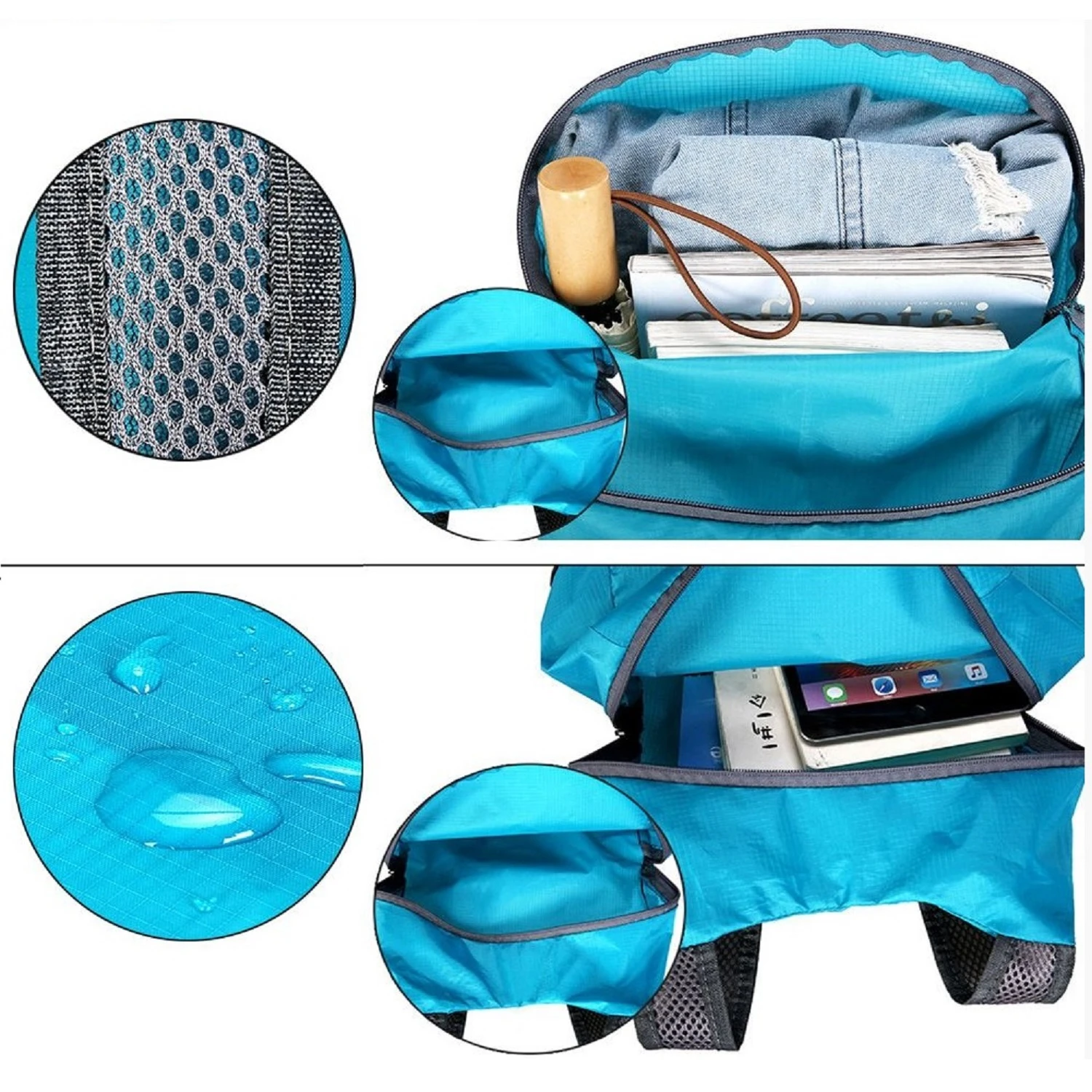 Mochila plegable azul impermeable expandible con detalle de malla y compartimentos, ideal para guardar libros y tablet.