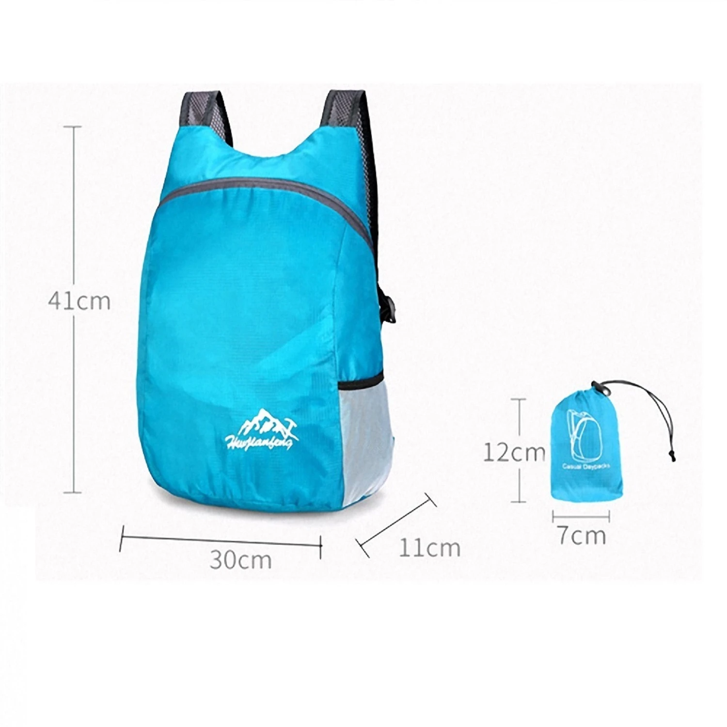 Mochila plegable azul de 41x30x11cm, resistente al agua, ideal para viajes, se guarda en un estuche de 12x7cm.