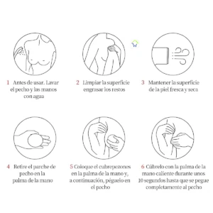 Instrucciones de uso para cubrepezones invisibles de silicona: seis pasos detallados para limpiar la piel, preparar la zona y aplicar el producto.
