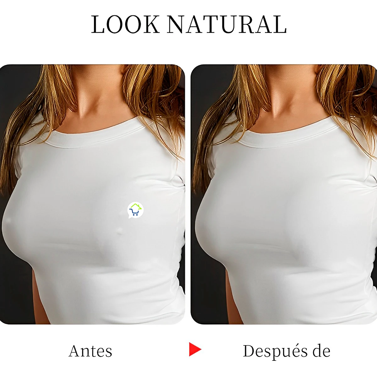 Comparativa de busto con camiseta blanca usando cubre pezones de silicona que logran un acabado liso y discreto bajo la ropa.