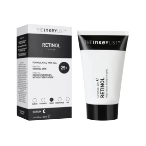 The Inkey List Retinol serum, envase negro y blanco, para reducir arrugas sin irritación.