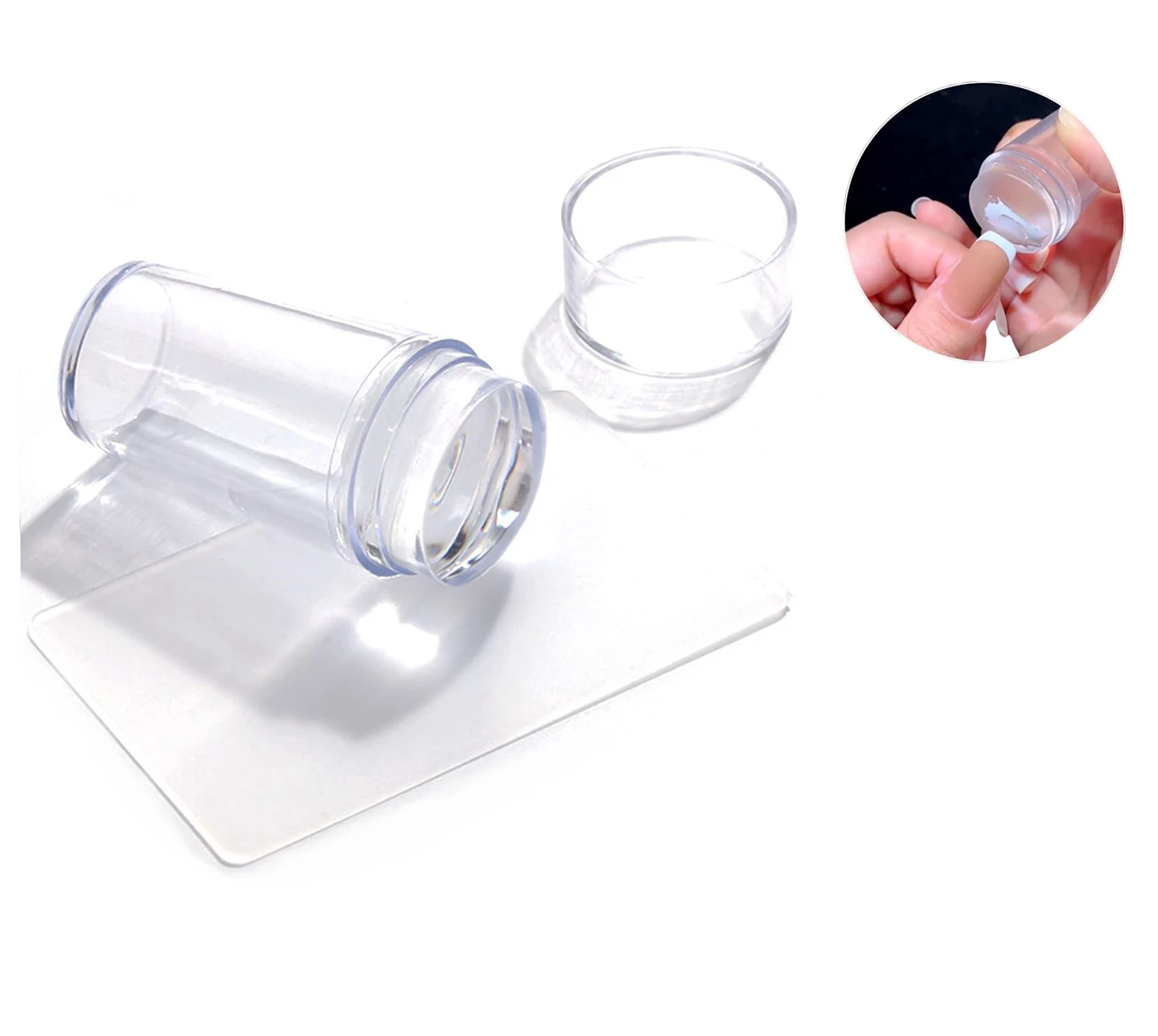 Set x2 sellos de silicona transparente para manicure con base y detalle de uso en uñas.
