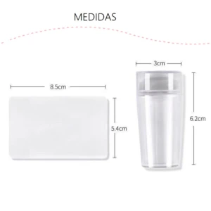Set de 2 sellos de silicona para manicure, uno rectangular de 8.5x5.4cm y uno cilíndrico de 3x6.2cm.