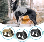 Perro negro con arnés táctico camuflado y tres arneses adicionales en diferentes colores: beige, negro y azul camuflado.