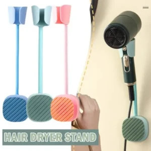 Soporte ajustable para secador de cabello con base de textura estriada, disponible en colores azul, verde y rosa, mostrado en uso sobre una pared.